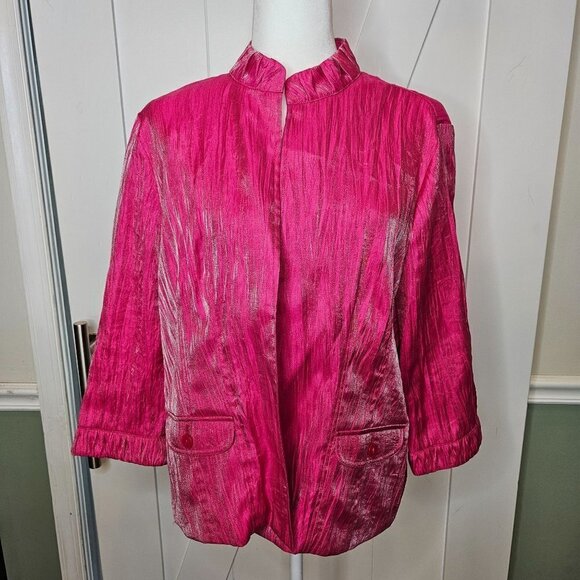 CHICO'S Jacket Blazer Sz Large 12 Hot Pink Crinkle Barbie Open Front Barbiecore - Picture 4 of 12